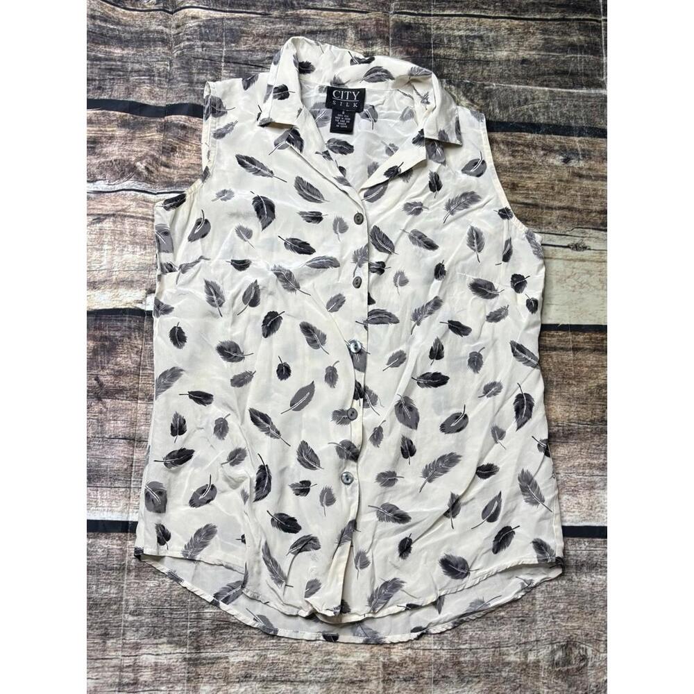 City Silk Top Women's Small Button Up Collar Sleeveless Feather Pattern